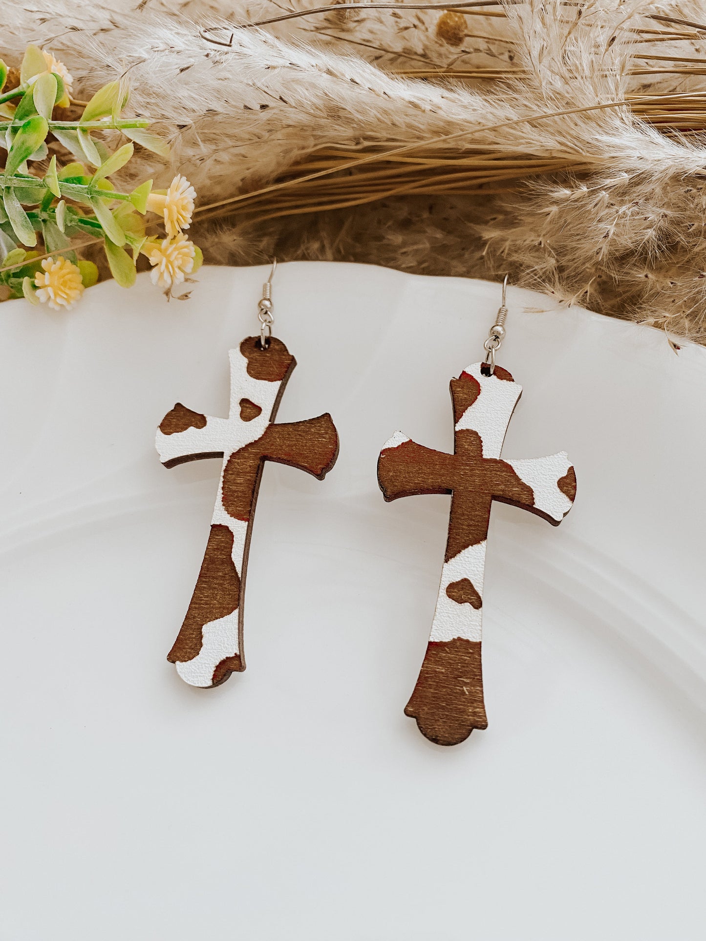 Cow Print Western Boho Cross Wood Earrings