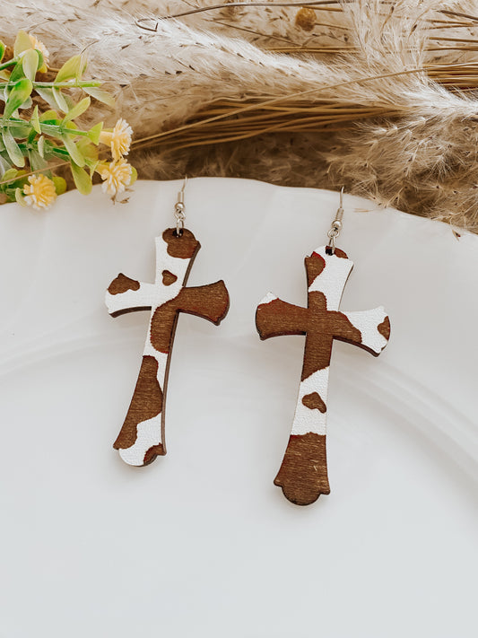 Cow Print Western Boho Cross Wood Earrings