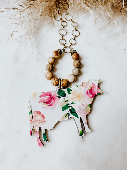 Floral Cow Beaded Necklace