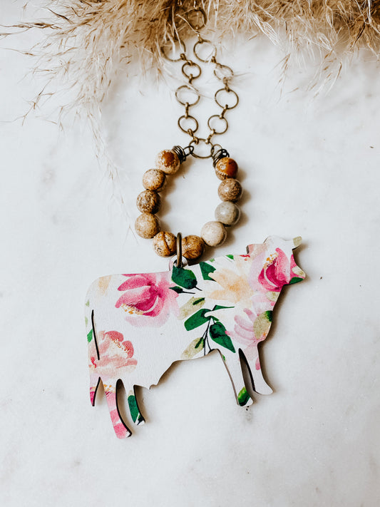 Floral Cow Beaded Necklace