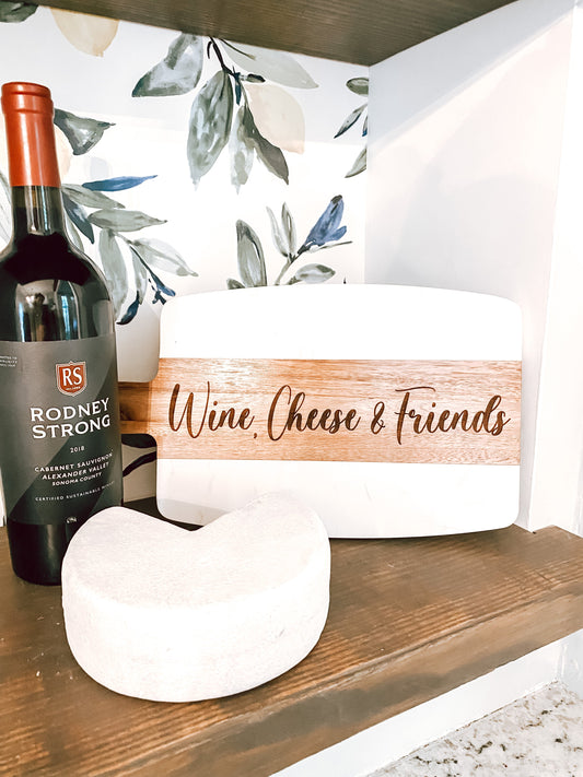 Marble and Wood Wine, Cheese, and Friends Engraved Serving/ Charcuterie Board